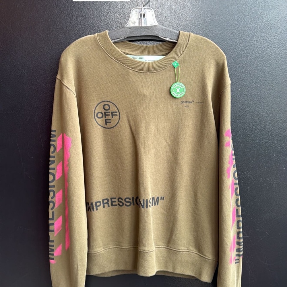 Off-White Brown Crewneck Sweater with Pink Accents